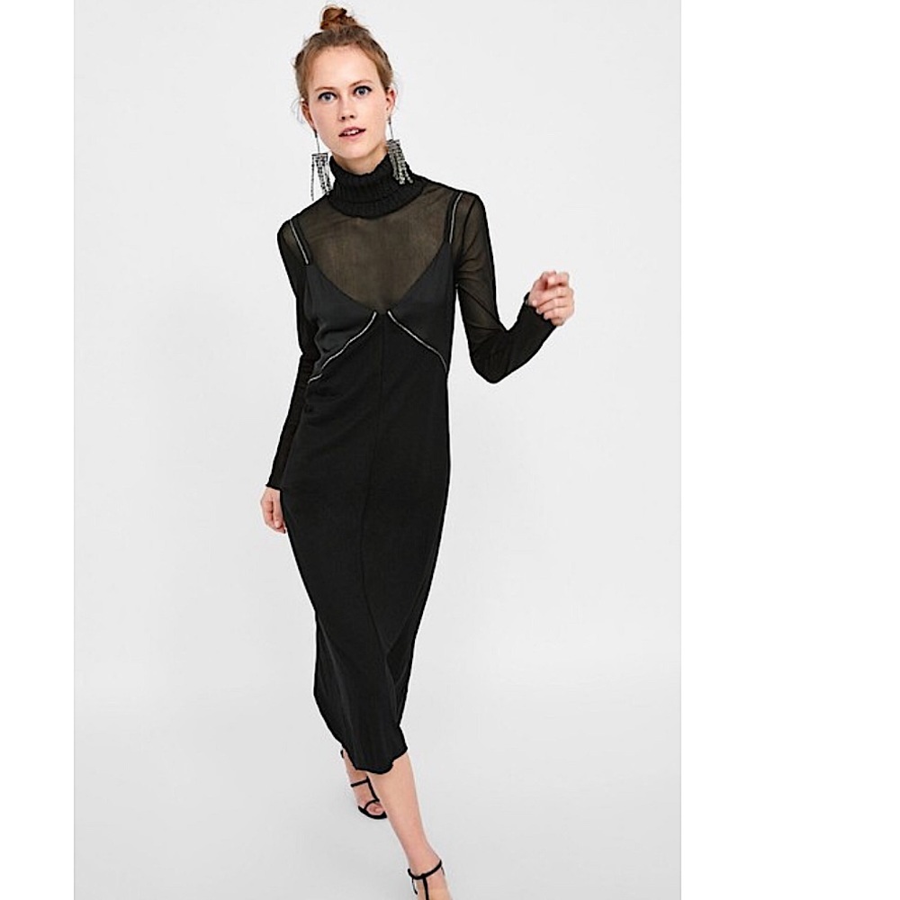 🆕 ZARA Midi Slip Dress with Silver Trim in Black SZ S